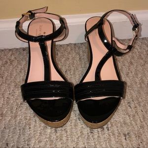 Kate Spade Cork Platform Patent Black Sandals 8